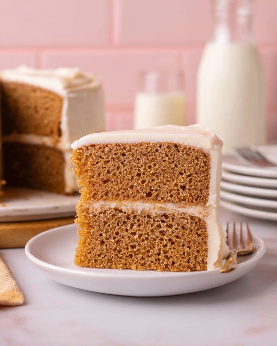 The image shows a close-up of a two-layer brown cake slice with a light, creamy white frosting layer in the middle and a thicker layer of the same frosting smoothly spread over the top. The cake texture looks soft and moist with tiny bubbles throughout. The slice is placed on a white plate, set on a white marbled surface with a soft pink hue around. Behind the plate, there is a glass bottle filled with milk and a stack of white plates, all slightly out of focus. Photo taken with an iphone --ar 4:5 --v 7
