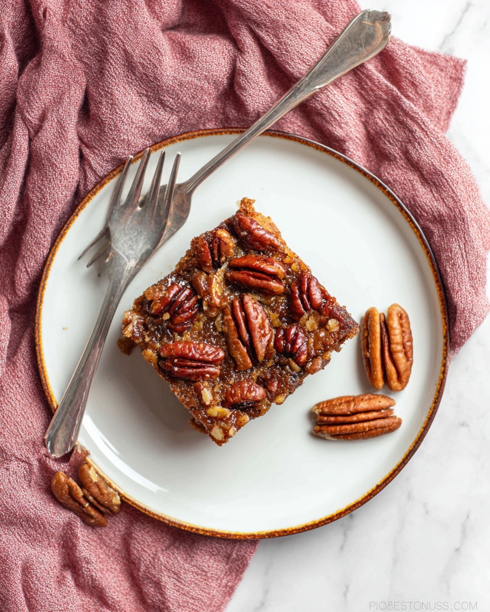 A square piece of pecan dessert sits in the center of a white plate with a thin brown rim, covered with a top layer of whole and halved toasted pecans showing a textured, glossy, caramelized brown surface underneath. Three whole pecans are placed around the dessert on the plate. A silver fork rests on the left side of the plate, which lies on a crumpled pink cloth over a white marbled surface. The lighting highlights the rich browns and glossy textures of the pecans and dessert. Photo taken with an iphone --ar 4:5 --v 7