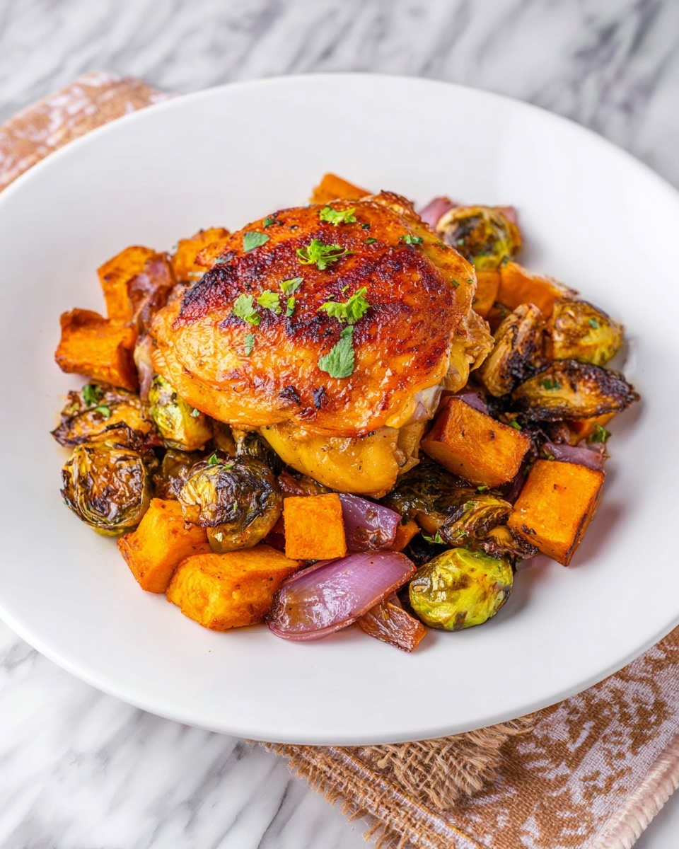 The dish is served on a white plate sitting on a white marbled surface. It has two main layers: the base layer is a mix of roasted vegetables including golden brown roasted Brussels sprouts, orange sweet potato cubes, and browned onion pieces with a slightly caramelized texture. On top of these vegetables is a large piece of roasted chicken thigh with crispy, golden-orange skin that is slightly charred in places. Small green herb pieces are sprinkled over the chicken and vegetables, adding a fresh touch of color. Photo taken with an iphone --ar 4:5 --v 7