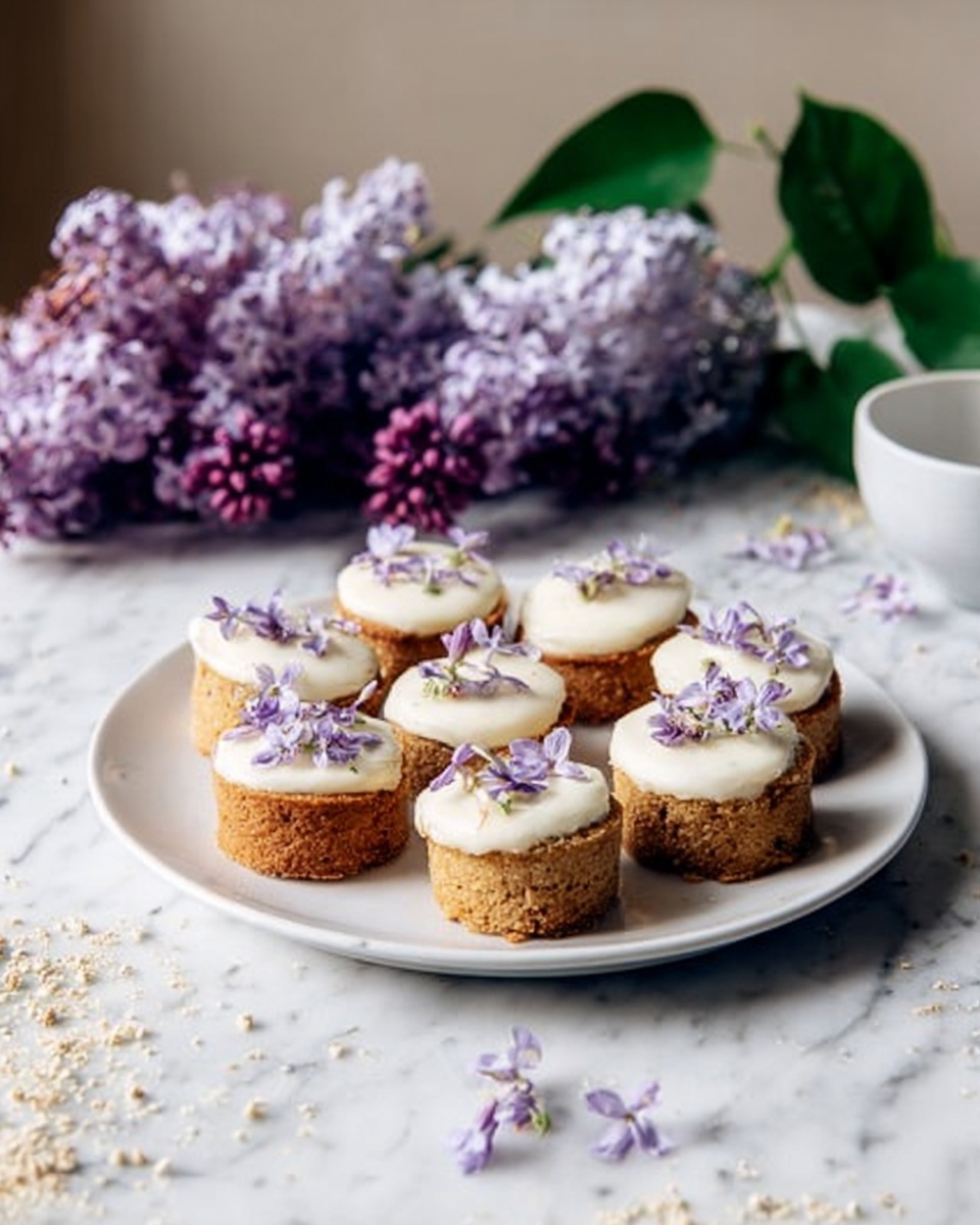 Six small round cakes are arranged on a white plate in two rows, each cake having a light brown base and topped with a smooth layer of white cream. Small, delicate purple and white flower petals are scattered on top of the cream on each cake. The plate is placed on a white marbled surface with scattered tiny white flower petals around it. In the background, there is a small bouquet of purple lilac flowers with green leaves, lying on the surface. photo taken with an iphone --ar 4:5 --v 7