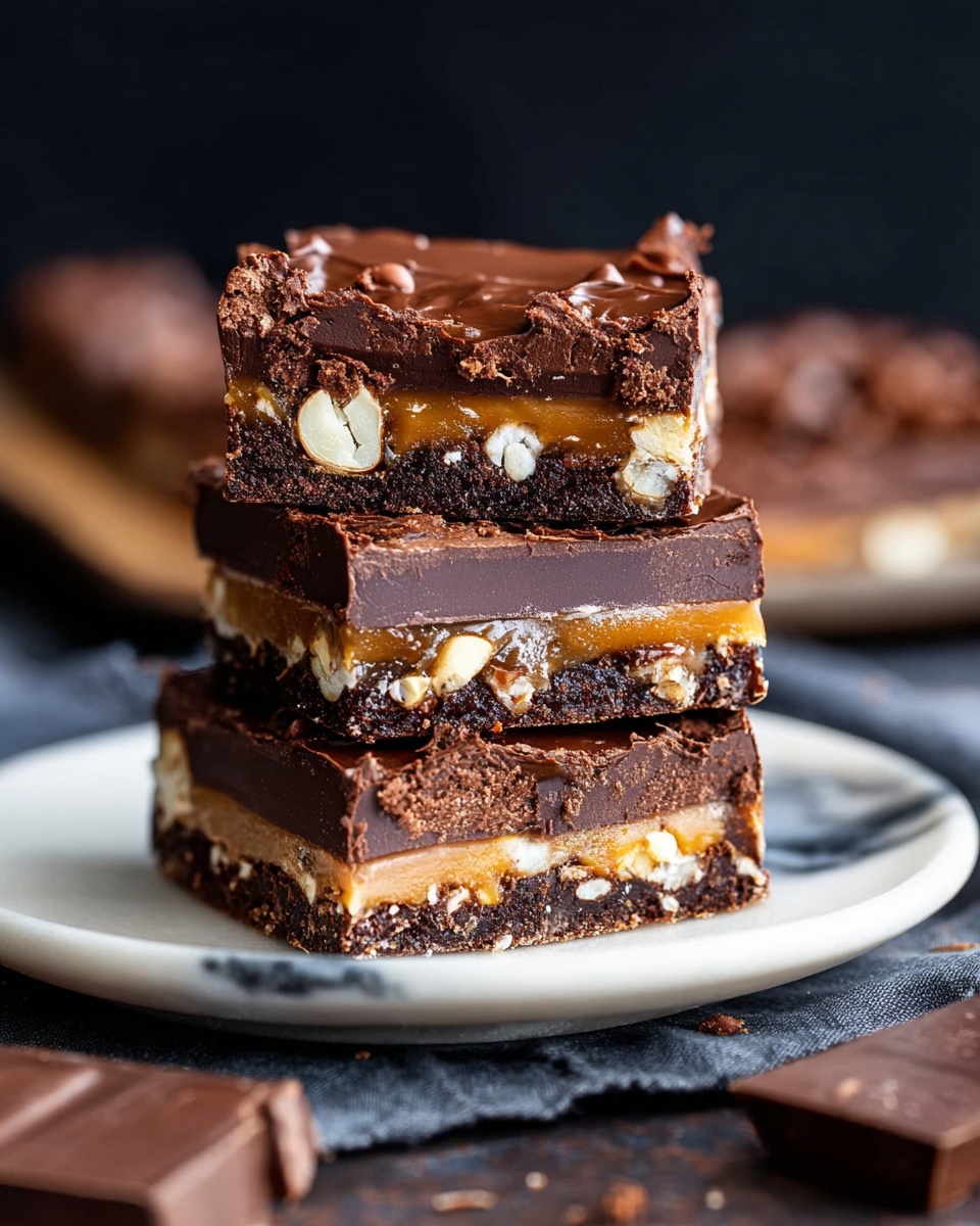 Three thick chocolate bars are stacked on top of each other on a white plate. Each bar shows three layers: the bottom layer is dark chocolate with a shiny smooth texture, the middle layer has golden caramel mixed with white nuts and chunks of chocolate, and the top layer is a thick, rich, and slightly rough dark chocolate frosting. The edges of the bars look soft and a bit crumbly. The plate is on a white marbled surface with some chocolate pieces nearby, and the background is dark and blurry. photo taken with an iphone --ar 4:5 --v 7