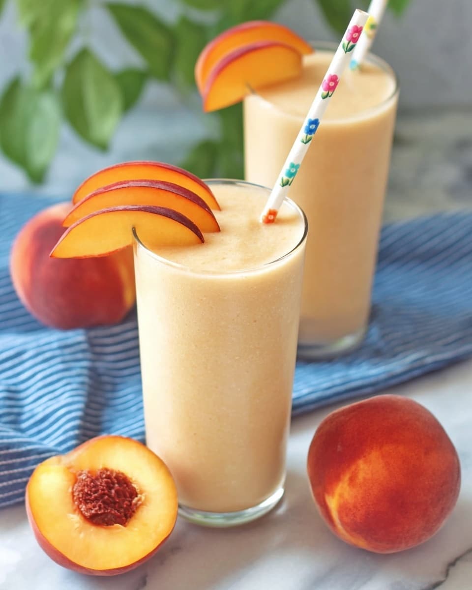 The image shows a tall clear glass filled with a creamy, light peach-colored smoothie. On top of the smoothie are two thin peach slices, arranged on one side of the glass edge, along with two white straws decorated with small colorful flowers standing upright in the center. In the background, there is another glass with the same smoothie and a peach slice on its rim, slightly blurred. In the foreground, two fresh peaches are placed on a white marbled surface: one whole and one cut in half showing its bright orange flesh and dark pit. A blue and white striped cloth is visible at the corner, and some green leaves are softly blurred in the background. Photo taken with an iphone --ar 4:5 --v 7