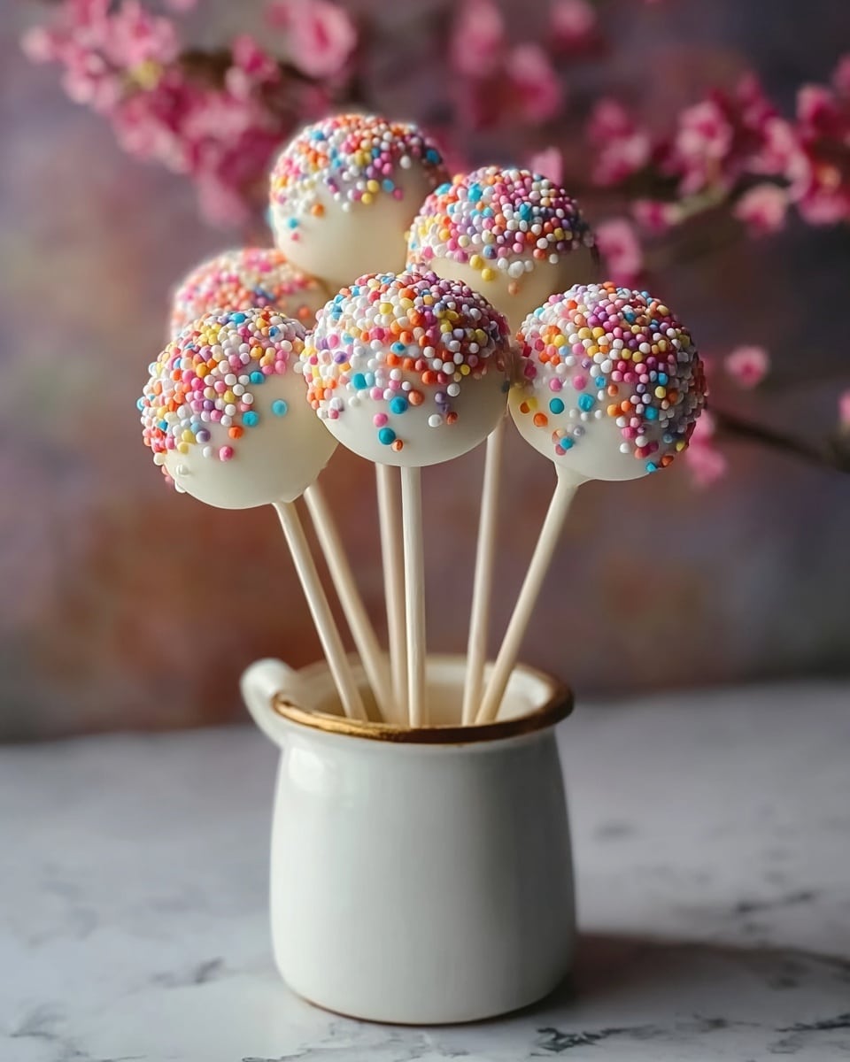 A cluster of five round cake pops coated in smooth white chocolate is shown, each covered with colorful round sprinkles in shades of pink, orange, blue, white, and yellow. The cake pops are neatly arranged on light wooden sticks, all standing upright inside a short white ceramic jar with a rustic wide neck and a thin gold rim near the top. The background is softly blurred with pink flowers adding gentle color contrasts. The scene sits on a white marbled textured surface. photo taken with an iphone --ar 4:5 --v 7
