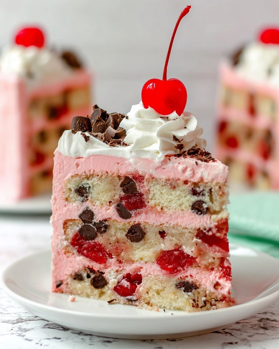 A slice of three-layer cake is shown on a white plate with a white marbled texture surface. The bottom and top layers are light-colored cake with visible pieces of red cherries and dark chocolate chips scattered inside. The middle layer is a thick pink frosting, matching a thinner pink frosting layer just above the top cake layer. The slice is topped with a swirl of white whipped cream, chocolate shavings, and a bright red cherry with a stem standing upright. The background shows a blurred view of more pieces of the same cake. Photo taken with an iphone --ar 4:5 --v 7