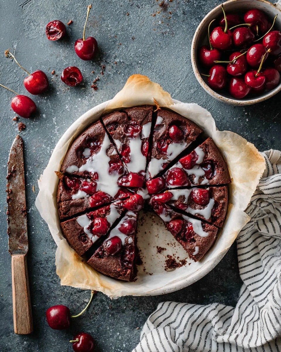 A round chocolate cake with a dark brown base sits in a white bowl lined with parchment paper that folds over the edges. The cake is cut into eight slices, with a white glaze drizzled unevenly on top. Bright red cherry halves are scattered across the top and inside the cake slices. Around the bowl, a few loose cherries and cherry halves are placed on a textured dark gray surface. Nearby, an old knife with a worn wooden handle rests with traces of cherry juice on its blade. To the side, a bowl of whole red cherries sits on a white marbled surface with a striped cloth next to it. photo taken with an iphone --ar 4:5 --v 7