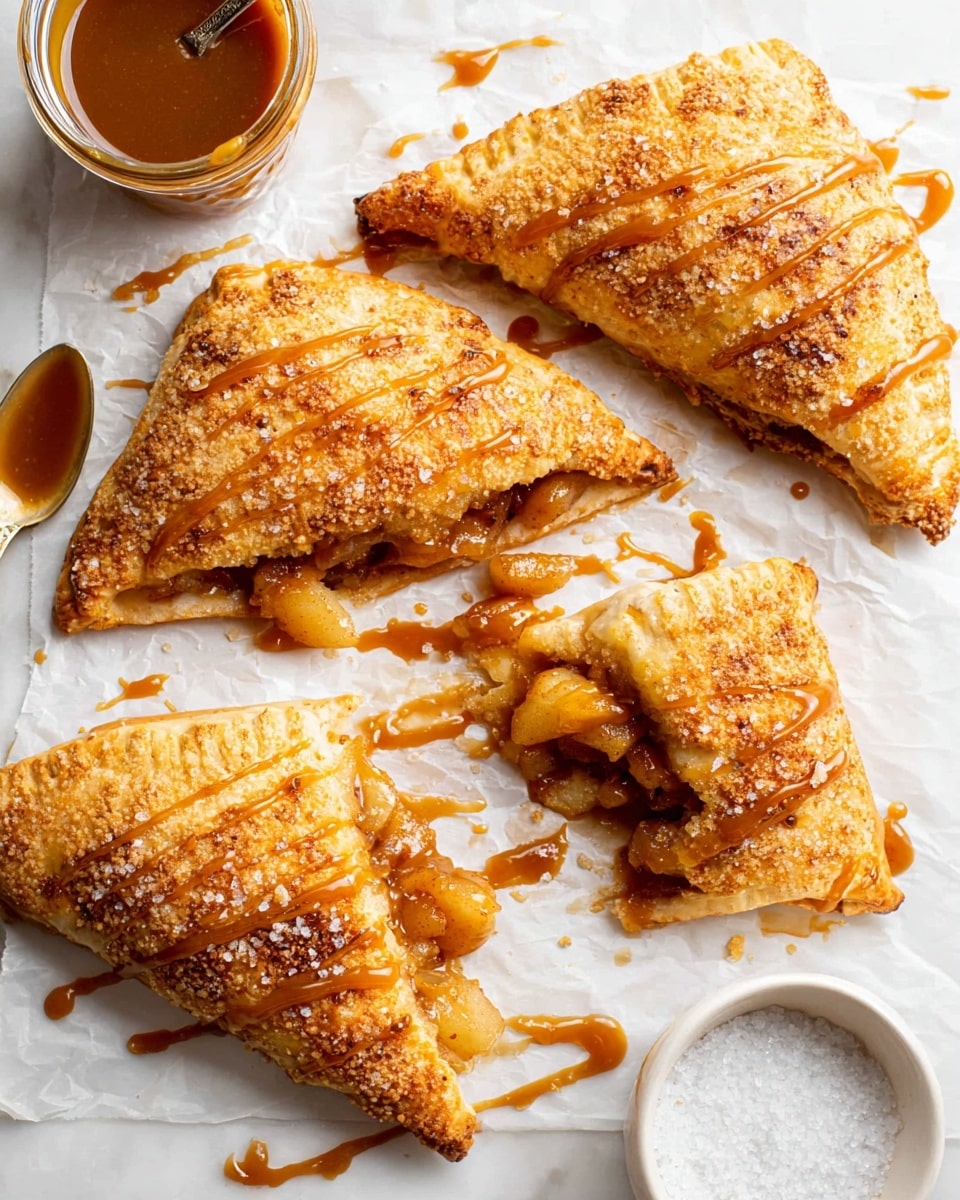 The image shows five triangular apple turnovers with a golden brown crust sprinkled with coarse sugar crystals on top. Two of the turnovers are broken open, revealing a chunky apple filling with soft, caramelized pieces. A light caramel sauce is drizzled across each turnover, adding a shiny, sticky texture. The turnovers rest on white parchment paper placed over a white marbled surface. On the left side, there is a glass jar filled with caramel sauce and a spoon with some caramel dripping off, while on the right side, a small white bowl holds some coarse sugar. Photo taken with an iphone --ar 4:5 --v 7