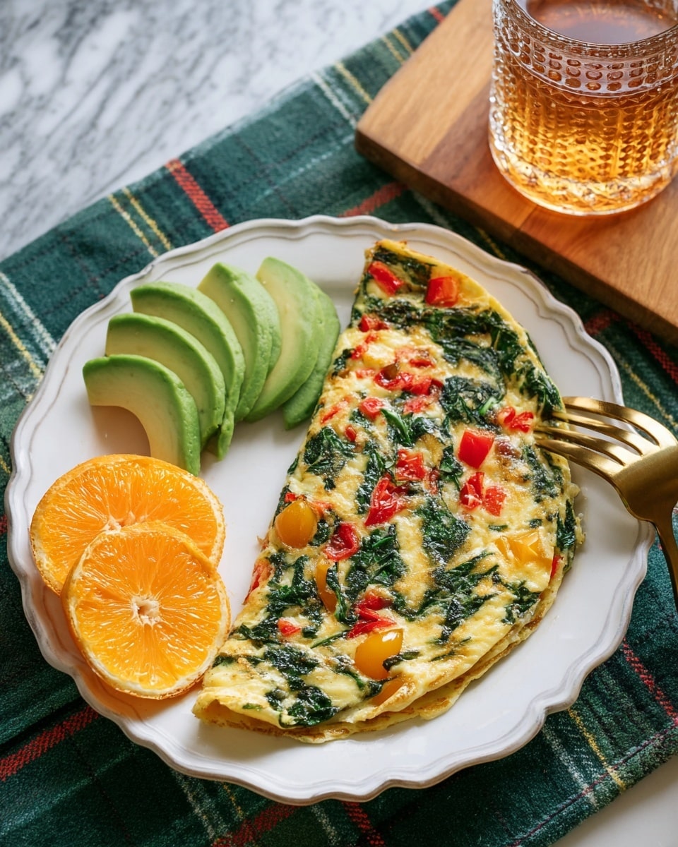 The image shows a white scalloped plate with a colorful omelet that has visible layers of green spinach, red bell peppers, yellow cherry tomatoes, and cooked egg folded in half. To the left of the omelet are slices of green avocado fanned out and two bright orange orange slices placed at the bottom left corner. A gold fork with a black handle lies on the right side of the plate, partially resting on the omelet. The plate is set on a green plaid cloth atop a wooden board and a white marbled surface is partly visible in the background. A clear glass with a textured design holds a light amber-colored drink and sits near the top right of the plate. photo taken with an iphone --ar 4:5 --v 7