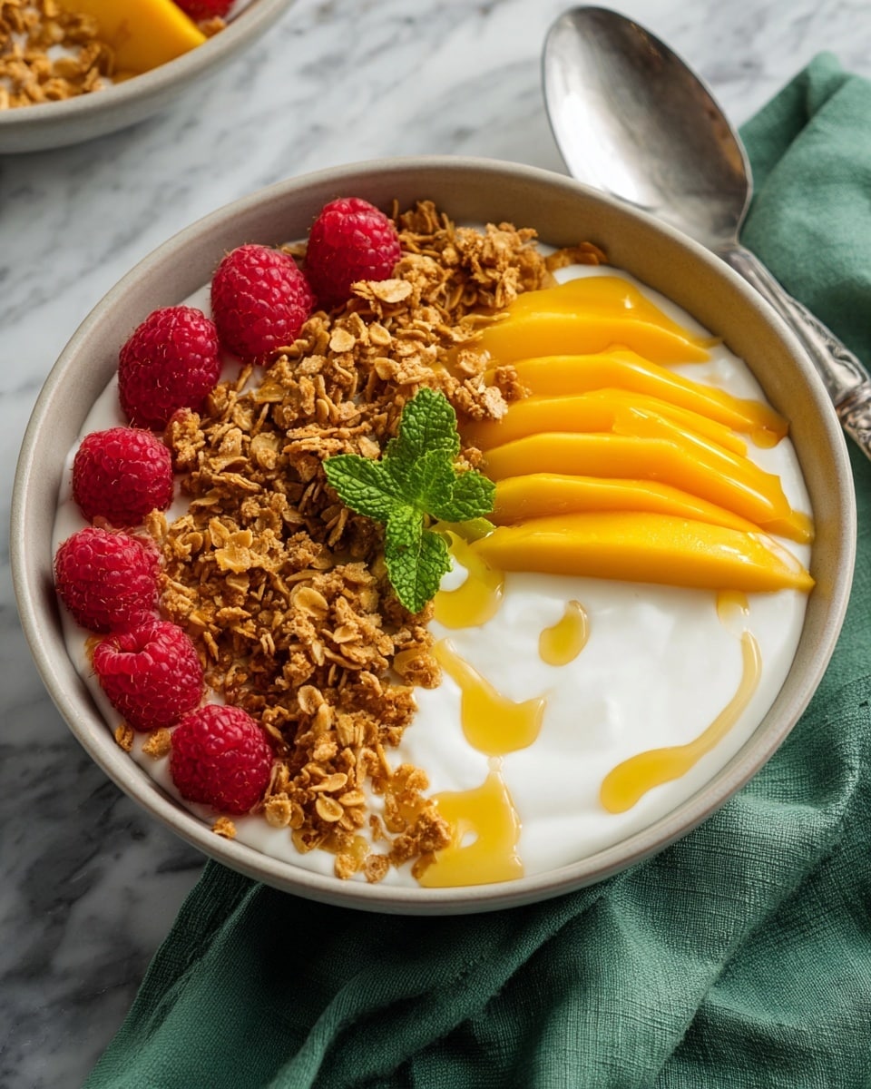 A bowl with three main layers: the bottom layer is a smooth white creamy base, the middle layer is a bright yellow mango sliced thinly and arranged neatly on one side, and the top layer consists of golden brown granola scattered over the cream and mango, along with fresh red raspberries placed mostly over the cream. In the center, there is a small green mint leaf for decoration, and a drizzle of golden honey runs over the top, adding shine. The bowl is white and set on a white marbled surface, with a silver spoon next to it and a green cloth partially visible. Photo taken with an iphone --ar 4:5 --v 7
