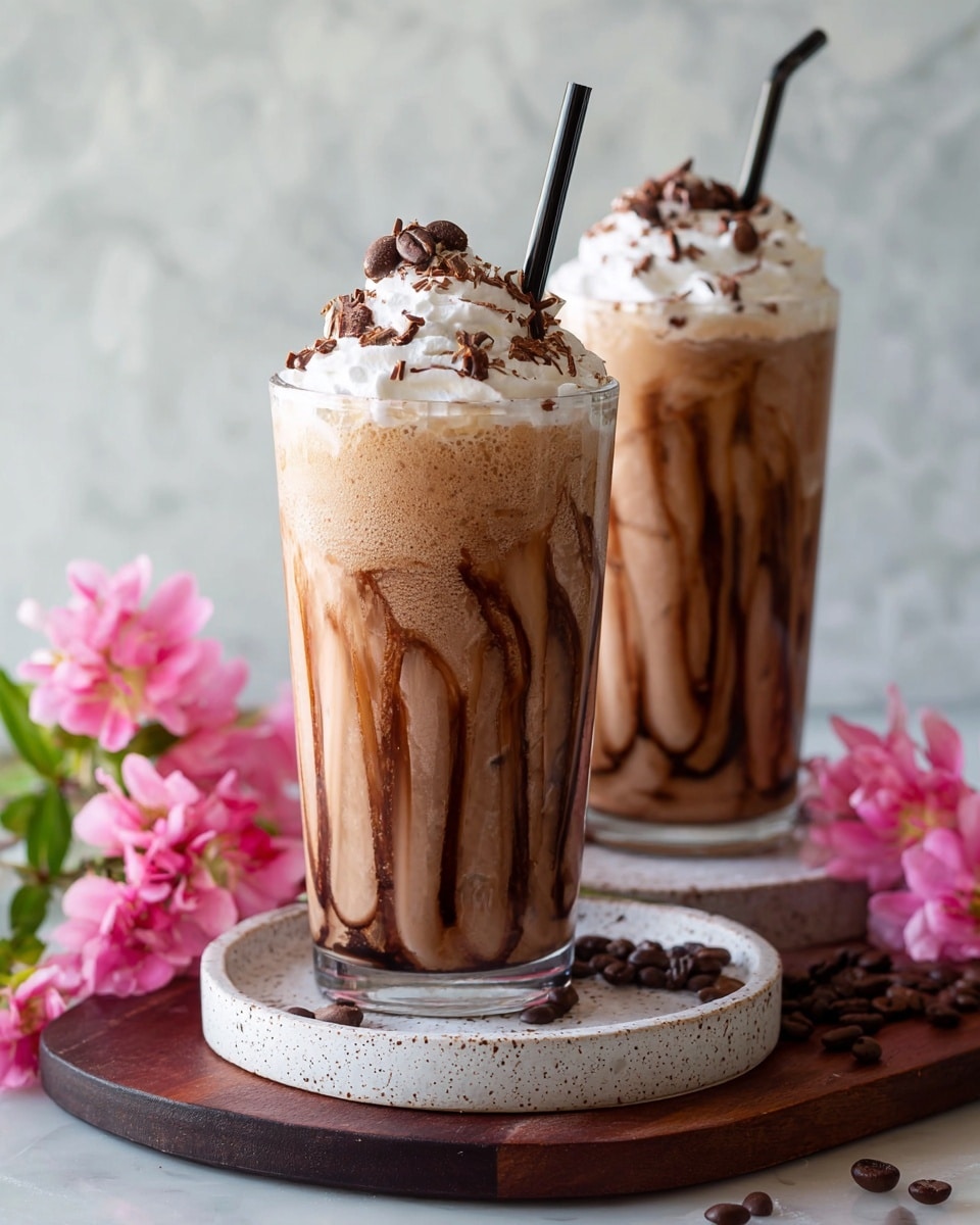 Two tall clear glasses filled with a thick light brown iced coffee drink, swirled with dark chocolate syrup inside the glasses creating vertical patterns. Each glass is topped with a thick layer of white whipped cream with a few coffee beans and chocolate shavings on top. A black straw is placed in each drink. The glasses sit on white speckled round plates, which are placed on a dark wooden board. Bright pink flowers and some coffee beans are scattered around the board. The background is a white marbled texture. Photo taken with an iphone --ar 4:5 --v 7
