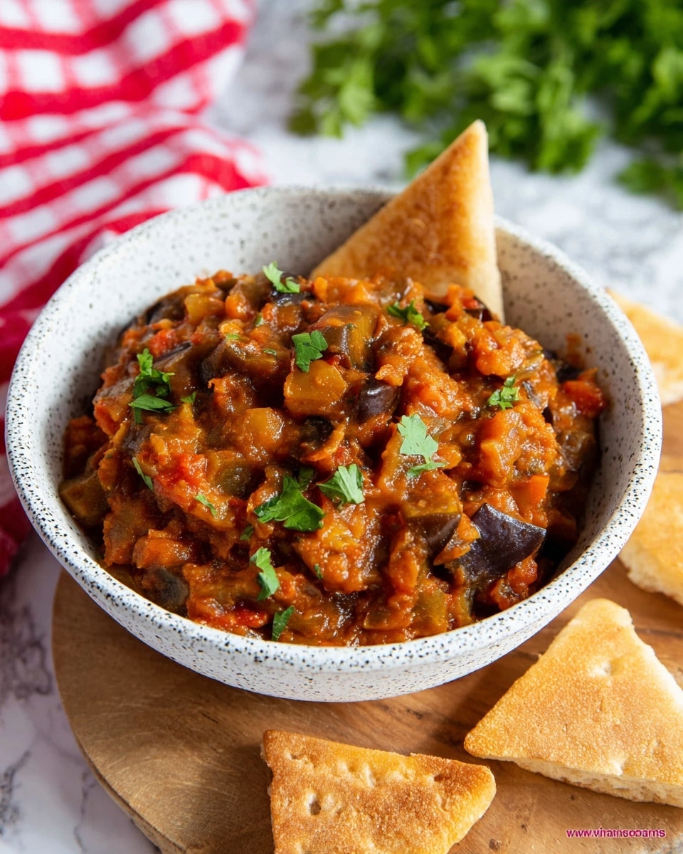 A white speckled bowl filled with a chunky orange and brown stew made of diced vegetables and herbs, topped with small green cilantro leaves scattered on top. The stew has a thick texture with visible pieces of eggplant and tomato. The bowl sits on a wooden board, with three triangular pieces of golden brown bread placed around the bowl on a white marbled surface. A red and white checkered cloth is blurred in the background along with some green leafy herbs. Photo taken with an iphone --ar 4:5 --v 7