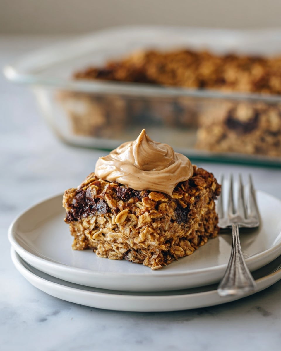 A single serving of a baked oatmeal square sits on a stack of two white plates on a white marbled surface. The oatmeal is chunky with visible oats and dark specks of melted chocolate, creating a rough and textured middle layer. On top, there is a thick dollop of light brown creamy topping, smooth and swirled. To the side of the plates, a silver fork rests close to the oatmeal. In the background, a glass baking dish holds more baked oatmeal, slightly blurred. photo taken with an iphone --ar 4:5 --v 7