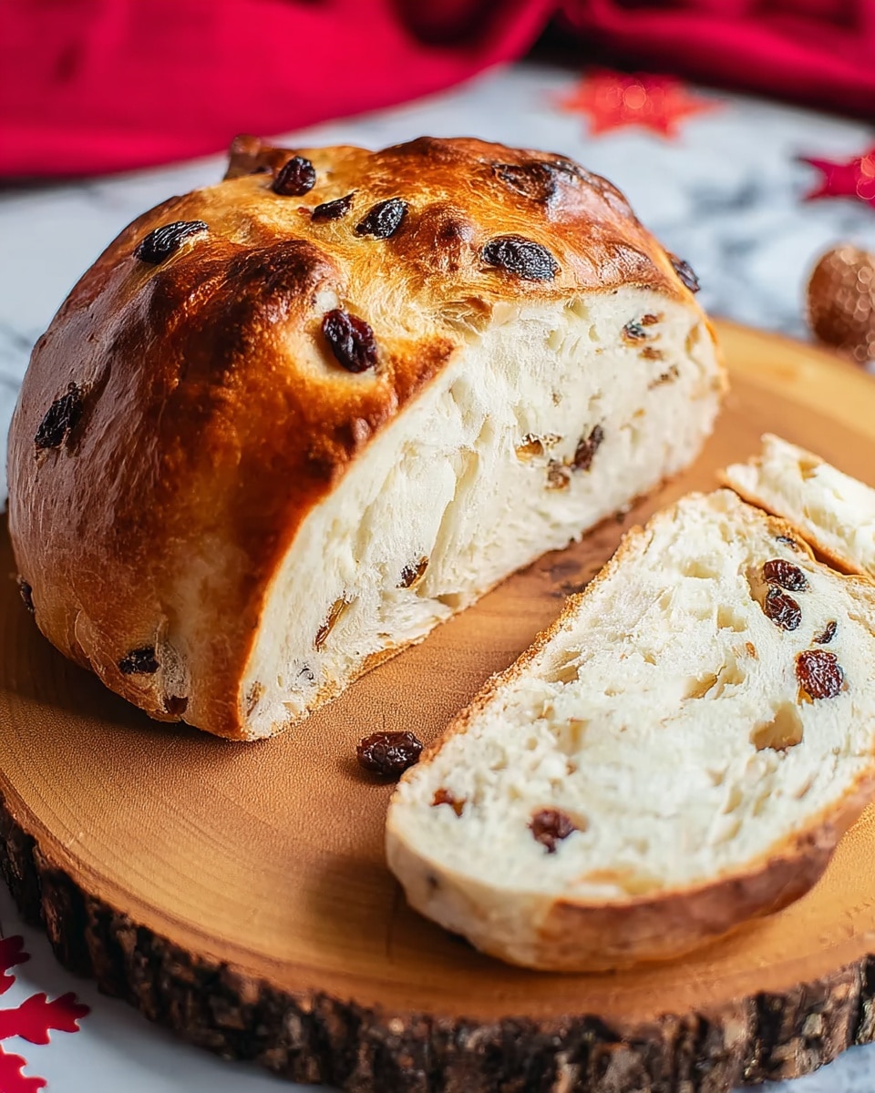 A round loaf of bread with a shiny golden-brown crust is shown on a wooden board with visible bark edges. The bread is partially sliced on the right side, revealing a soft, light cream inside dotted with dark brown raisins. The crust has textured, slightly darker areas with embedded raisins near the surface. The wooden board rests on a white marbled surface with a red cloth in the blurred background. Photo taken with an iphone --ar 4:5 --v 7
