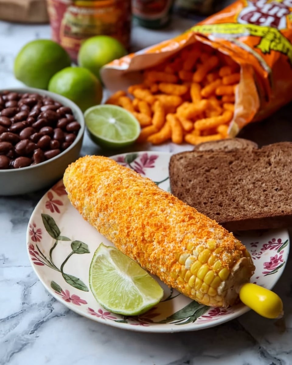 A white plate with flower and leaf patterns holds an ear of corn covered in a layer of orange cheese powder, with yellow handles on each end of the cob. Next to the corn is a wedge of lime and a thick slice of dark bread leaning against a small gray bowl filled with dark brown cooked beans. In the background, an open bag of bright orange cheesy snacks spills onto a white marbled surface, with whole and halved limes nearby. Photo taken with an iphone --ar 4:5 --v 7