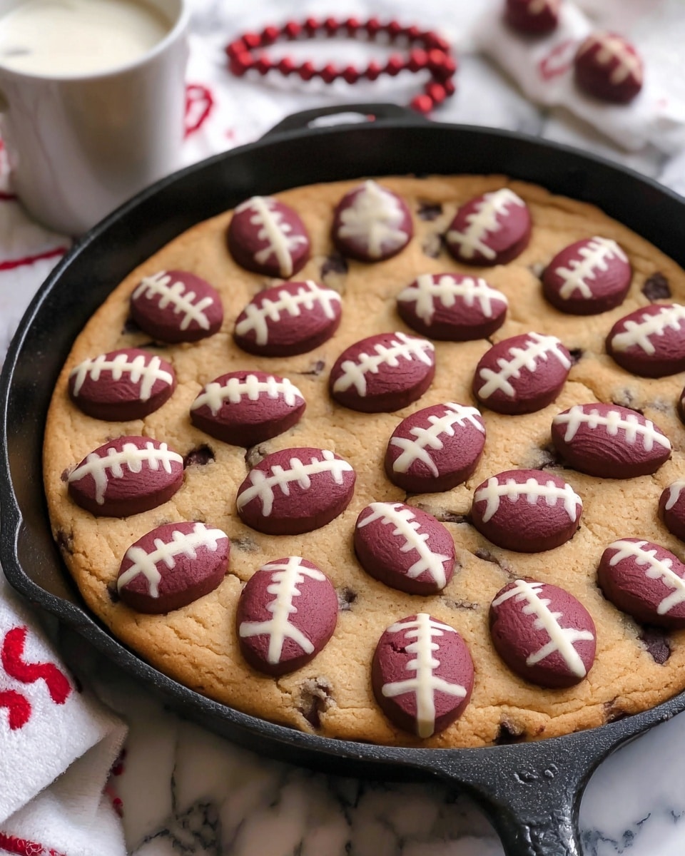 The image shows a thick cookie base baked in a black skillet, golden brown and slightly cracked around the edges. On top, there are several red and cream football-shaped cookies arranged in a circular pattern. In the center, three scoops of light-colored ice cream sit, slightly melting and covered with red, white, and silver sprinkles. A spoon is partially dipped into the cookie base near the lower right corner, mixing with the ice cream. The dish is set on a white marbled surface. photo taken with an iphone --ar 4:5 --v 7