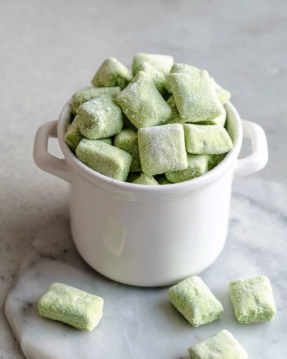 A small white ceramic pot filled to the top with many small, soft green square pillows that have a powdery coating, giving them a slightly rough texture. Some of the green pillows are placed scattered around the pot on a white marbled surface, adding a casual feel. The pot has two small handles on each side, and the overall color contrast is soft green against clean white, with a neutral background. photo taken with an iphone --ar 4:5 --v 7