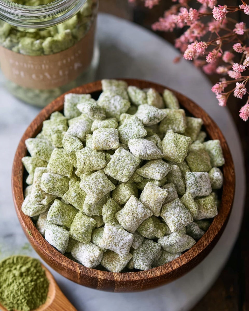 A round wooden bowl filled with small square-shaped cereal pieces, each coated with a powdery mix of white and light green, giving a textured, slightly rough look. The cereal pieces are piled high in the bowl, showing a mix of the two colors throughout. In the background, there is a glass jar with a green powder label and some small pink flowers to the right, all placed on a white marbled surface. A wooden spoon with some green powder rests near the bottom right of the scene. Photo taken with an iphone --ar 4:5 --v 7