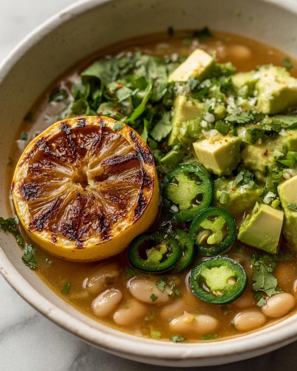 A close-up view of a white bowl filled with soup that has a light brown broth layered with small white beans floating inside. On one side of the bowl is a large, grilled lemon half with dark brown sear marks. On the other side, there are chunks of bright green avocado mixed with fresh, chopped cilantro and thin green slices of jalapeño peppers scattered throughout. The surface around the bowl is a white marbled texture. Photo taken with an iphone --ar 4:5 --v 7