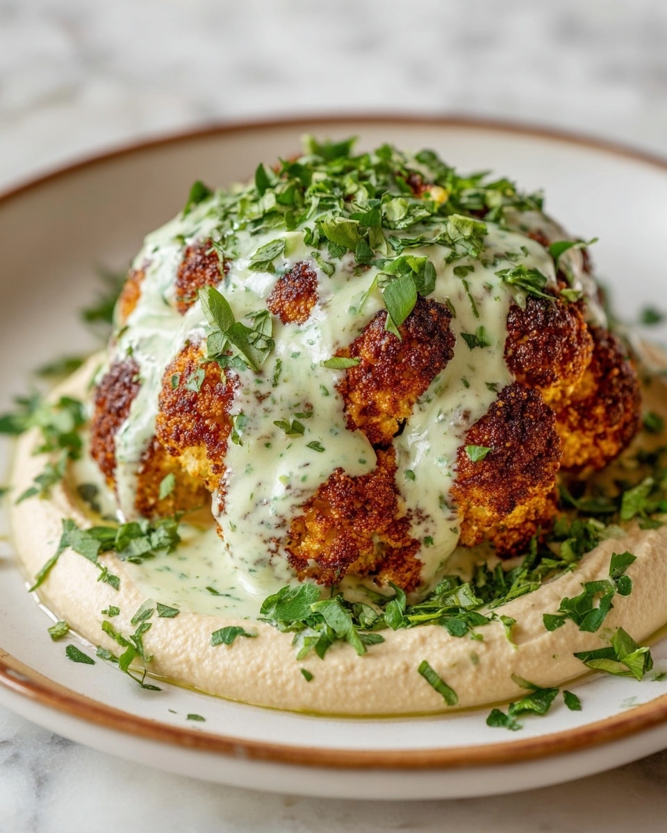 A single large roasted cauliflower head with a golden brown and crisp textured surface sits on a smooth, creamy beige hummus spread that forms the bottom layer on a white plate with a thin brown edge. The cauliflower is draped with a thick, pale green sauce speckled with small herbs, which drips slightly down its sides. Fresh chopped green herbs are sprinkled generously over the top and around the plate, adding a fresh, vibrant contrast to the warm tones of the roasted cauliflower and hummus. The dish is presented on a white marbled surface. photo taken with an iphone --ar 4:5 --v 7