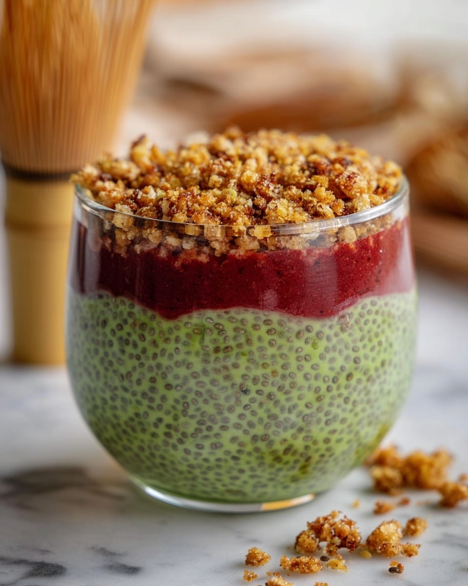 A clear glass cup holds three layers: the bottom layer is thick and deep red with visible chia seeds; the middle layer is a green chia pudding with a bumpy texture from the seeds, filling almost two-thirds of the glass; the top layer is a crumbly golden-brown mix that covers the green layer like a crunchy topping. Around the glass, small bits of the crumbly topping are scattered on a white marbled surface. In the background, there is a blurred bamboo whisk and some indistinct objects. photo taken with an iphone --ar 4:5 --v 7