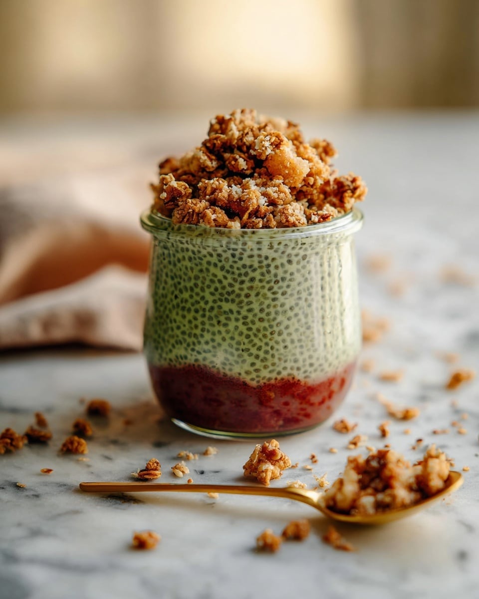 A small clear glass jar holds three visible layers: the bottom layer is thick and dark red with a smooth yet slightly chunky texture, the middle layer is a dense, pale green chia pudding with visible black chia seeds spread evenly throughout, and the top layer is a generous mound of light brown crunchy granola pieces that spill slightly over the edge. The jar sits on a white marbled surface scattered with granola bits, and a golden spoon with more granola rests nearby. The background is softly blurred, highlighting the jar in warm, natural light. Photo taken with an iphone --ar 4:5 --v 7