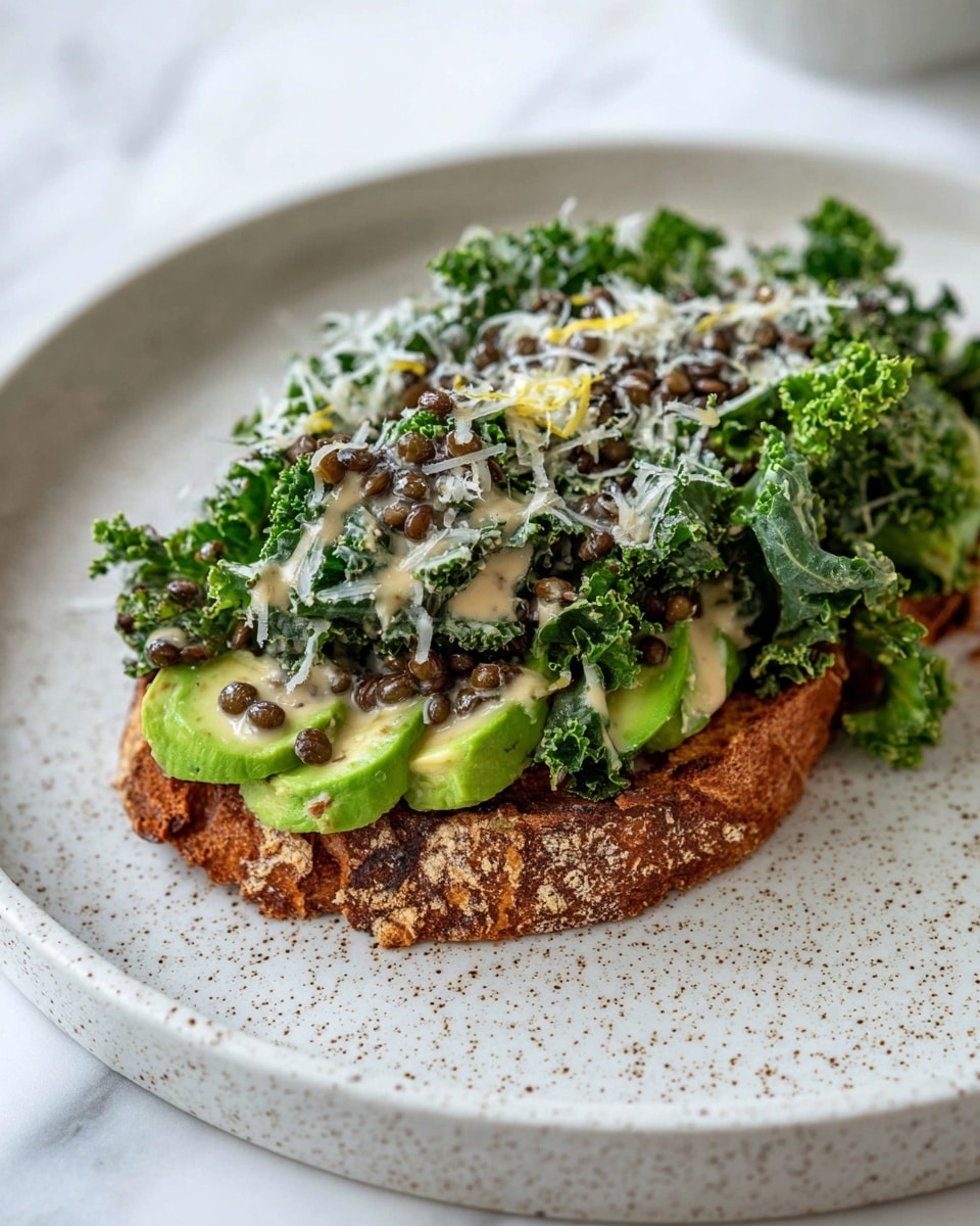 A piece of toasted bread with a golden brown, slightly crispy texture forms the base layer, topped with fresh, light green slices of avocado arranged neatly. Over the avocado is a generous pile of dark green, leafy kale with a slightly curly texture, mixed with small black lentils scattered throughout. Creamy, light beige sauce is drizzled unevenly over the kale and lentils. The top layer features a sprinkle of finely grated white cheese and some lemon zest adding a hint of yellow. Everything sits on a white speckled plate, all on a white marbled surface photo taken with an iphone --ar 4:5 --v 7