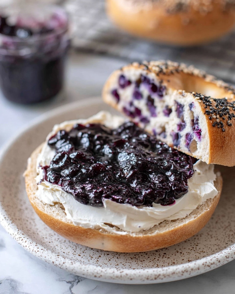A sliced blueberry bagel is shown on a white speckled plate placed on a white marbled surface. The bottom half of the bagel holds two layers: the base is covered with a thick, smooth layer of white cream cheese, topped with a generous spread of dark purple blueberry jam that has a glossy, slightly chunky texture. The top half of the bagel, lying behind, reveals the inside dotted with small whole blueberries, giving it a speckled purple and beige appearance. In the blurred background, another whole blueberry bagel sits on a cooling rack. photo taken with an iphone --ar 4:5 --v 7