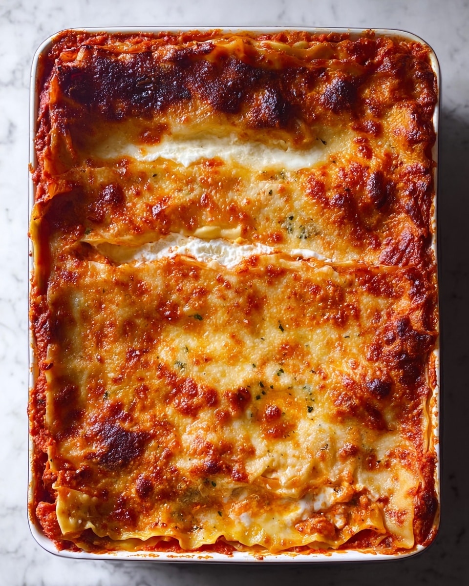 The image shows a baked lasagna in a white rectangular baking dish, with four visible layers. The bottom layer is a creamy white cheese mixture with a smooth texture, topped by a bright red tomato sauce with visible chunks of tomato and some herbs. Above that lies a layer of pasta sheets that are light amber and slightly soft. On top, there is a thick, golden brown melted cheese layer with some darker brown spots indicating it is baked crispy in parts. The dish is placed on a white marbled surface. Photo taken with an iphone --ar 4:5 --v 7