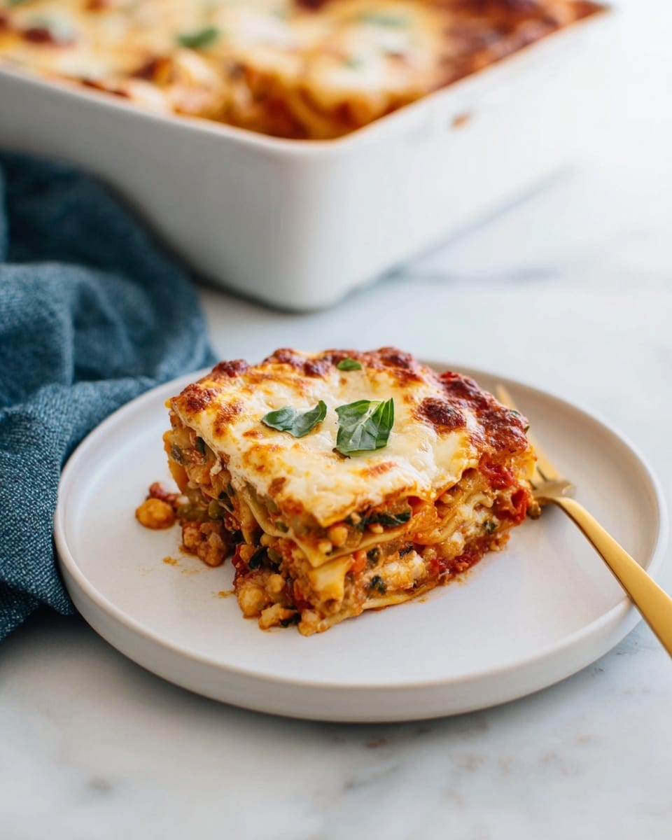 A single square piece of lasagna sits on a white round plate, showing three main layers: a bottom layer of pasta with visible herbs and bits of sauce, a middle layer of mixed vegetables and tomato sauce, and a top layer of melted, bubbly golden cheese with a few small green basil leaves on top. The textures range from soft and saucy to creamy and slightly browned. Near the plate, a gold-colored fork rests partly on a folded blue cloth napkin, and behind it, a white rectangular baking dish filled with more lasagna is slightly out of focus on a white marbled surface. Photo taken with an iphone --ar 4:5 --v 7