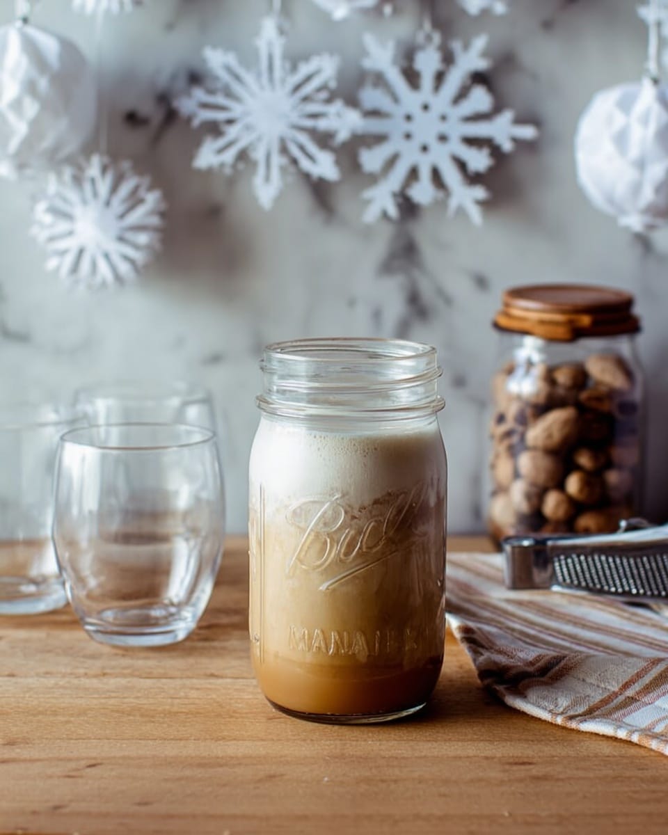 A clear glass jar filled with a layered drink showing two distinct layers: a light brown coffee layer at the bottom with a smooth, thick white foam layer on top. The jar sits on a wooden surface with two empty clear glasses to the left. Behind the jar, there are white paper snowflake decorations hanging on a plain wall, creating a winter theme. To the right, a small glass jar with a wooden lid holds whole nuts, with a striped cloth and a grater nearby. The background surface is a white marbled texture. Photo taken with an iphone --ar 4:5 --v 7