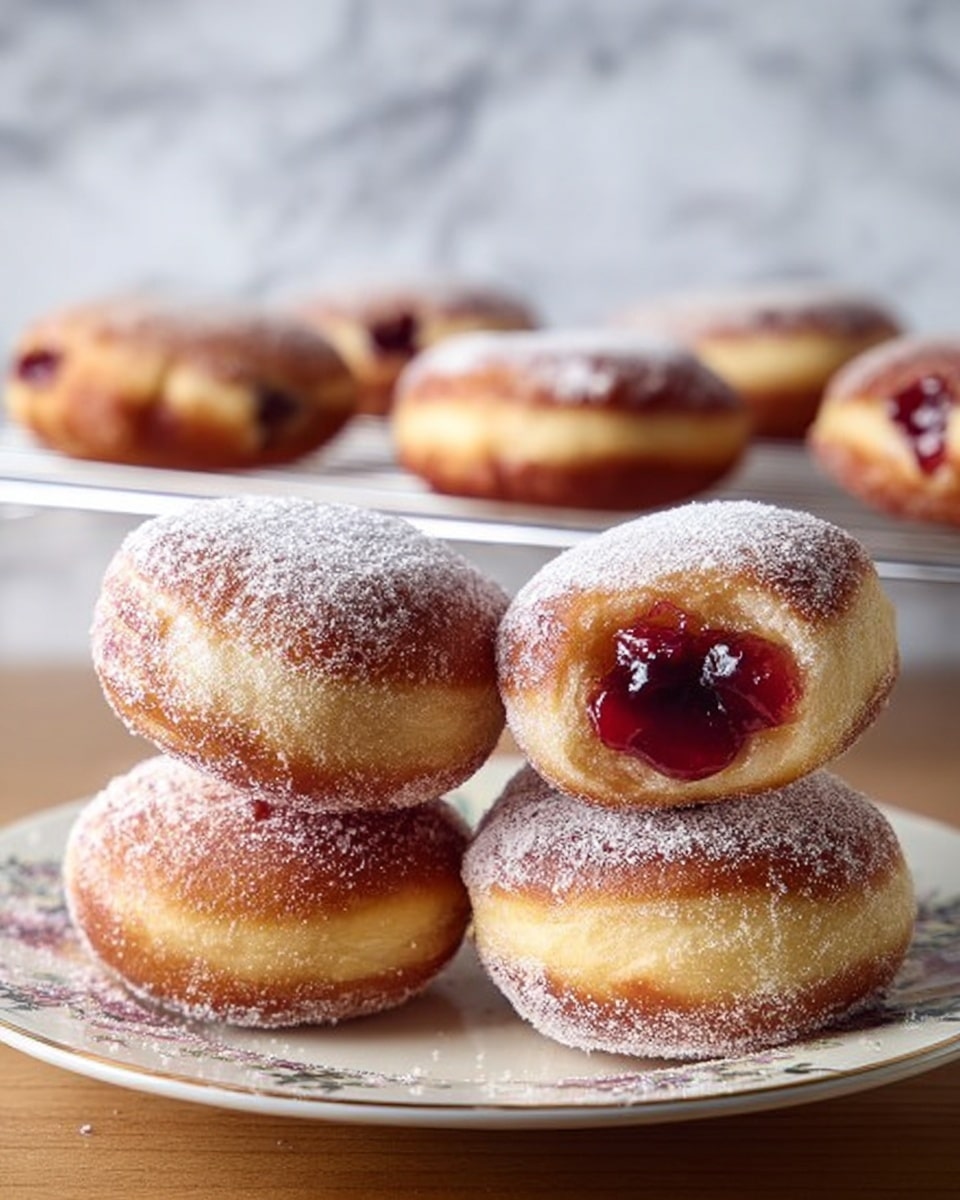 Four round jelly-filled doughnuts are stacked on a white plate with a faint floral pattern, arranged in a pyramid shape with two doughnuts at the bottom, one on top, and one leaning diagonally against them. Each doughnut is golden brown, slightly puffy with sugary powder dusted on top, and has a deep red jelly filling visible from a small hole in the side. In the background, four more similar doughnuts are placed on a wire rack, slightly blurred, all set on a white marbled surface. photo taken with an iphone --ar 4:5 --v 7