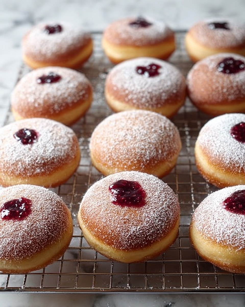 The image shows a group of round doughnuts arranged on a cooling rack over a white marbled surface. Each doughnut has a golden-brown outer layer with a smooth texture, topped with a light dusting of powdered sugar. There is a small central hole on the top layer of each doughnut filled with dark red jam, creating a glossy contrast against the powdered sugar. The doughnuts are evenly spaced and the cooling rack has a grid pattern that lifts them slightly above the surface. Photo taken with an iphone --ar 4:5 --v 7