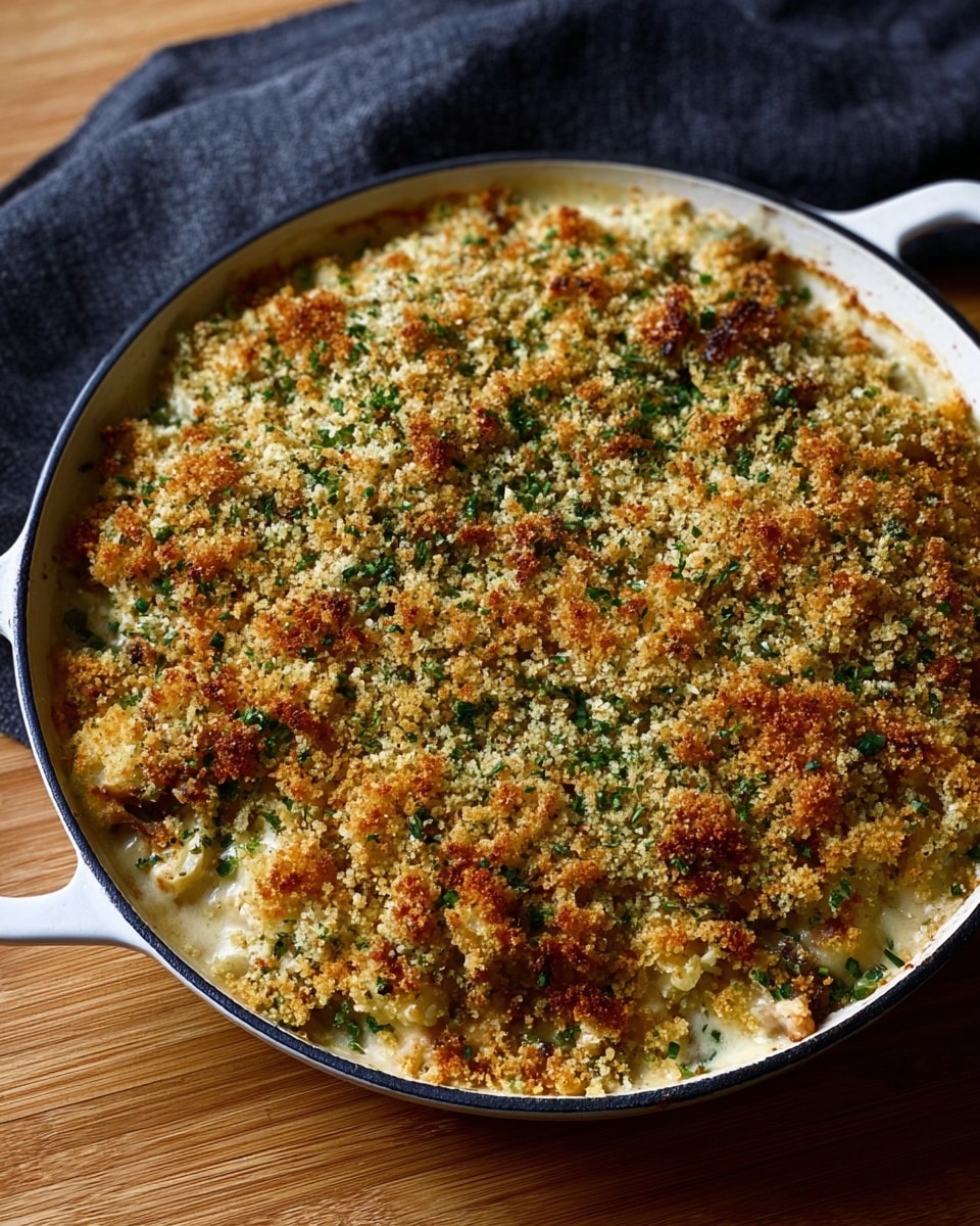 A white skillet filled with a baked cauliflower casserole that has a golden-brown crispy topping sprinkled with finely chopped green herbs. The casserole's inside shows soft white cauliflower florets and creamy sauce mixed with small pieces of nuts or grains. A spoon is scooping a portion out of the skillet onto a black plate on the right side. The plate has some casserole with the same crispy topping and creamy inside, all placed on a white marbled surface with a dark green cloth nearby. photo taken with an iphone --ar 4:5 --v 7