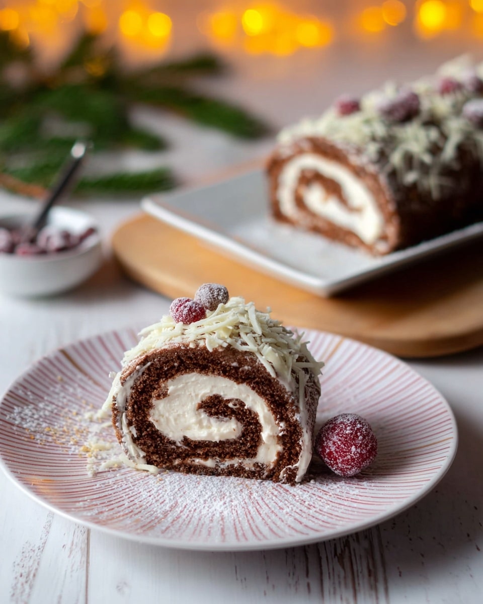A slice of chocolate and cream rolled cake sits in the center of a white plate with pink and gold stripes around the edge. The cake slice shows two layers, a dark brown soft sponge cake spiraled with a white creamy filling. The sides of the slice are covered with textured white cream and thin white chocolate shavings. A sugar-coated red berry is placed next to the cake on the plate, with a light dusting of powdered sugar around it. In the background, a larger piece of the same rolled cake sits on a white rectangular plate, decorated with more sugar-coated red berries and cream. The scene is set on a light wood surface with blurred green leaves and soft yellow lights in the background, all against a white marbled texture surface. photo taken with an iphone --ar 4:5 --v 7