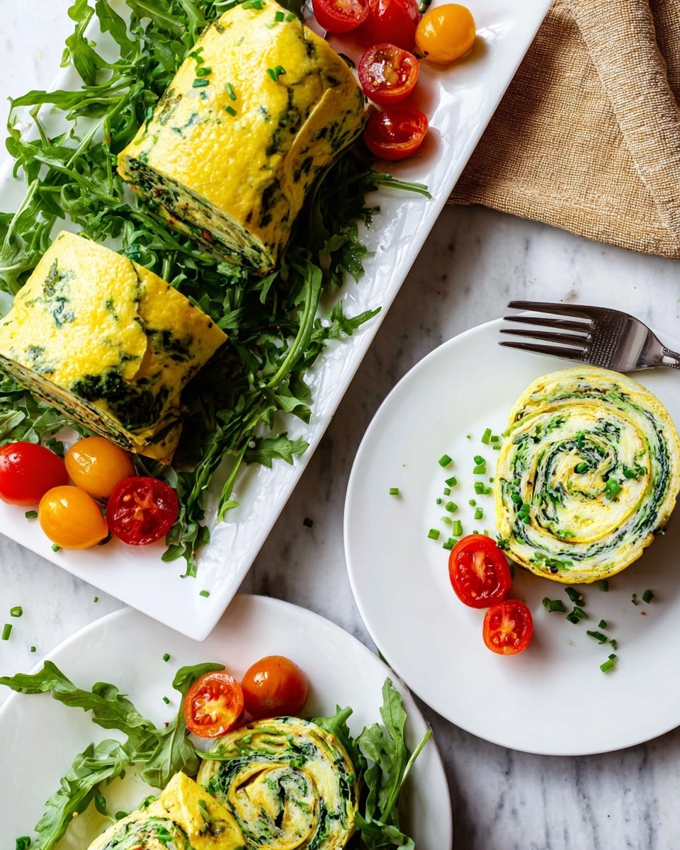 A white rectangular plate holds a large rolled omelette with visible green spinach mixed throughout its yellow egg layers, resting on a bed of fresh green arugula and scattered halved red and orange cherry tomatoes. Next to it, a round white plate presents a spiral slice of the same green-speckled omelette placed on fresh arugula, garnished with a halved cherry tomato and chopped green chives sprinkled across the plate. Below, another white round plate shows a similar spiral slice of the omelette on arugula with halved cherry tomatoes and a fork beside it. The entire setting sits on a white marbled textured surface, with a beige cloth partly visible at the top right corner. photo taken with an iphone --ar 4:5 --v 7