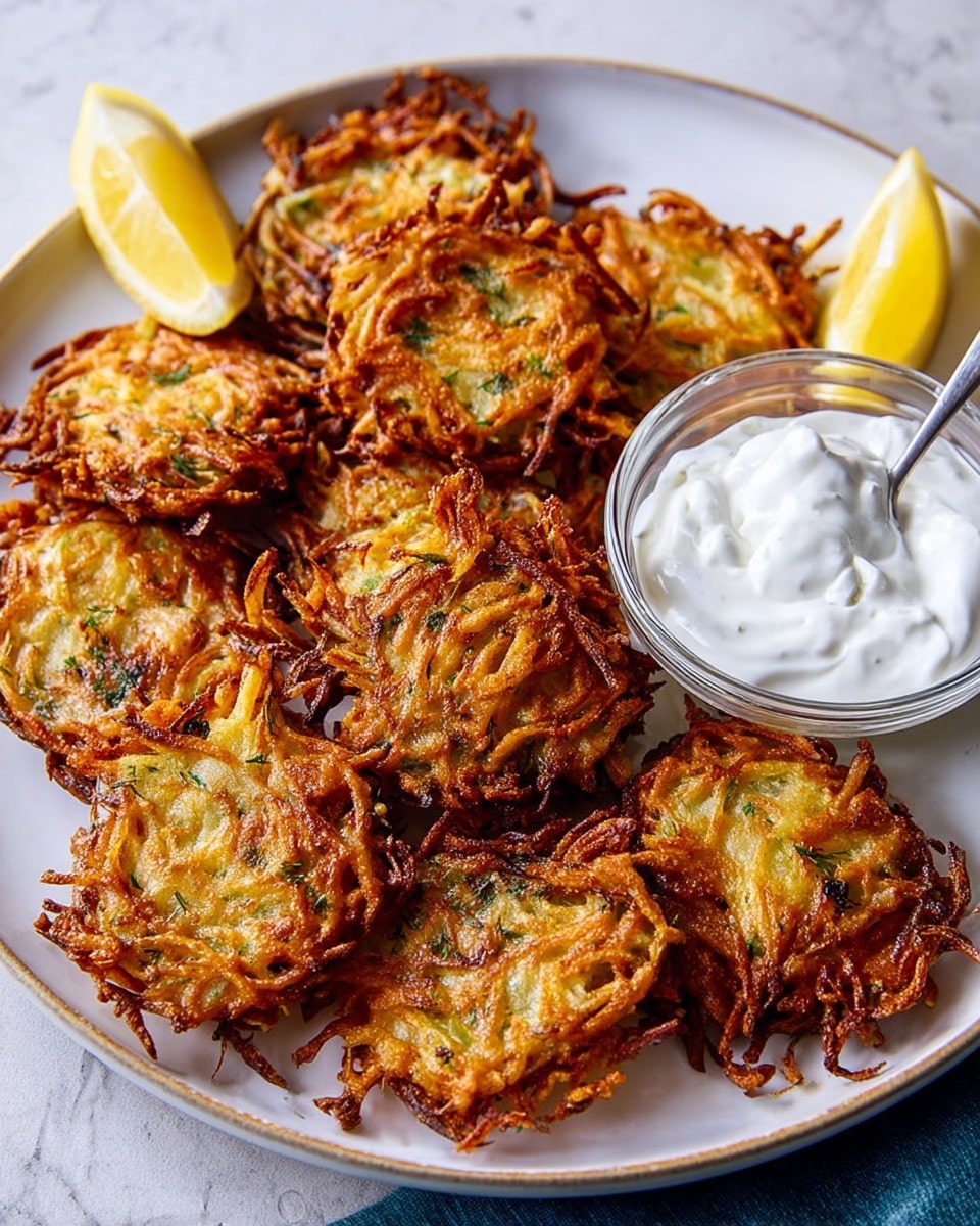 A white plate holds about a dozen golden-brown potato latkes, each with crispy edges and a textured surface showing thin strands of fried potato and herbs. The latkes are unevenly shaped, stacked slightly on each other, with some showing darker crispy spots. On the left side of the plate, there is a small clear glass bowl filled with smooth white sour cream, with a silver spoon inside it. Two bright yellow lemon wedges sit on opposite sides of the latkes on the plate. All of this rests on a white marbled textured surface. photo taken with an iphone --ar 4:5 --v 7