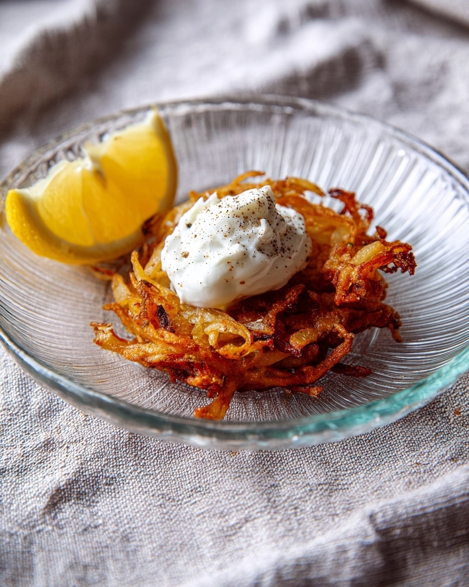 A single crispy, golden-brown fried onion fritter sits in the middle of a clear glass plate. On top of the fritter, there is a dollop of thick white sour cream sprinkled with a little black pepper. To the left side of the fritter, a half lemon wedge with bright yellow peel and juicy pale-yellow flesh rests on the plate's edge. The plate is placed on a textured fabric that appears soft and slightly wrinkled, but for the prompt, it will be imagined on a white marbled surface. Photo taken with an iphone --ar 4:5 --v 7