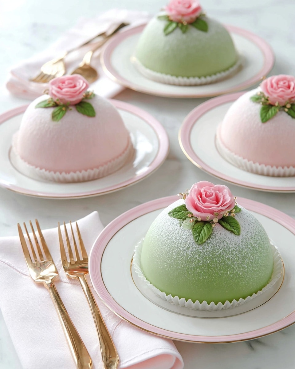 The image shows four dome-shaped cakes placed on white plates with soft pink accents and simple gold line patterns. Three cakes have smooth green exteriors dusted lightly with powdered sugar, each topped with a small, detailed pink sugar rose and green leaves. One cake is light pink with the same powdered sugar dusting and a similar pink sugar rose on top. The cakes sit in white pleated paper liners, and beside each plate is a shiny gold fork. The scene includes neatly folded white napkins with pink edges, all set on a white marbled surface that adds a clean, elegant touch. Photo taken with an iphone --ar 4:5 --v 7