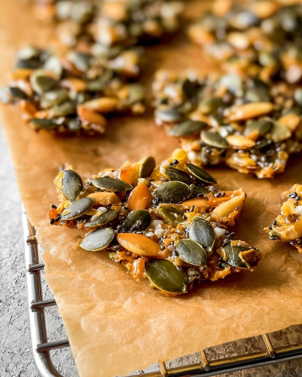 The image shows a close-up of crunchy seed and nut crackers resting on light brown parchment paper placed on a metal rack. Each cracker has a rough, irregular shape and is made up of a dense layer of dark green pumpkin seeds, thin golden toasted coconut flakes, and tiny black chia seeds scattered evenly throughout, creating a textured surface. The light catches on the shiny seeds and coconut, giving the crackers a glossy, baked appearance against the soft parchment background. Photo taken with an iphone --ar 4:5 --v 7
