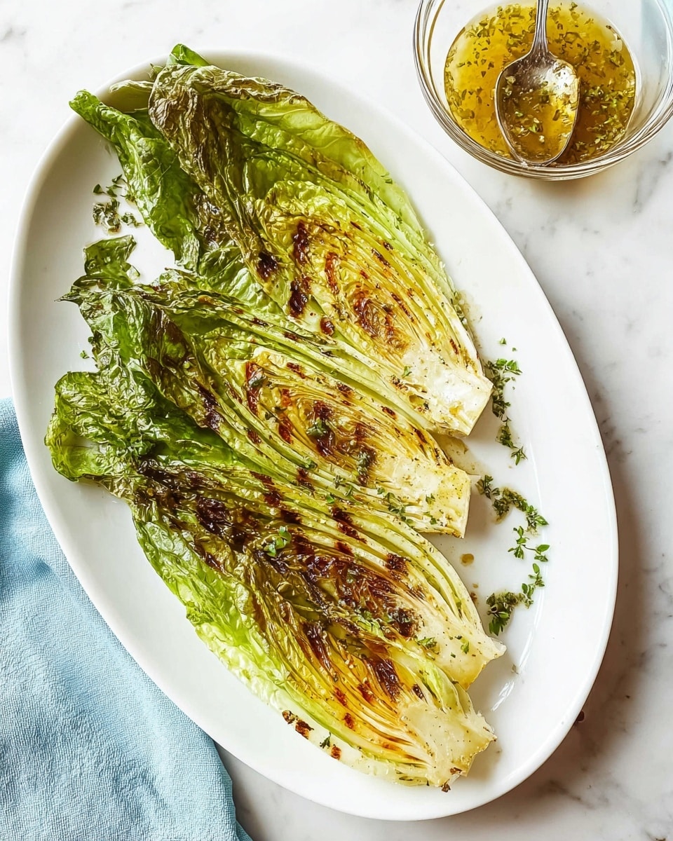 Two layers of grilled romaine lettuce are placed side by side on a white oval plate, showing a mix of green and golden brown colors with some charred edges and soft, wilted texture. The base of the lettuce is white and firm, transitioning to light green and darker green towards the outer leaves. Small green herb garnishes are scattered on the plate around the lettuce. To the top right, a glass bowl holds a golden sauce with herbs, sitting on a white marbled surface with part of a woman’s hand holding a spoon visible. A light blue cloth is partly visible at the bottom left. Photo taken with an iphone --ar 4:5 --v 7
