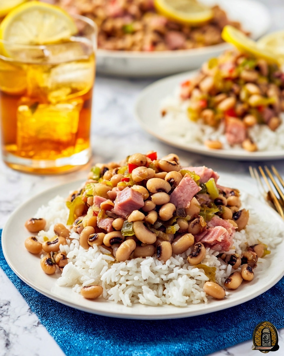 The image shows a white plate with a bed of fluffy white rice as the first layer, topped with a mix of cooked black-eyed peas and shredded ham pieces as the second layer. The beans are light beige with distinct black spots, and the ham is pink with visible texture and small bits of green and red vegetables mixed in. In the background, there is another white plate with more of the same dish and two glasses of iced tea filled with ice cubes and garnished with lemon slices. The entire scene is set on a white marbled surface with a blue cloth underneath the plates. photo taken with an iphone --ar 4:5 --v 7