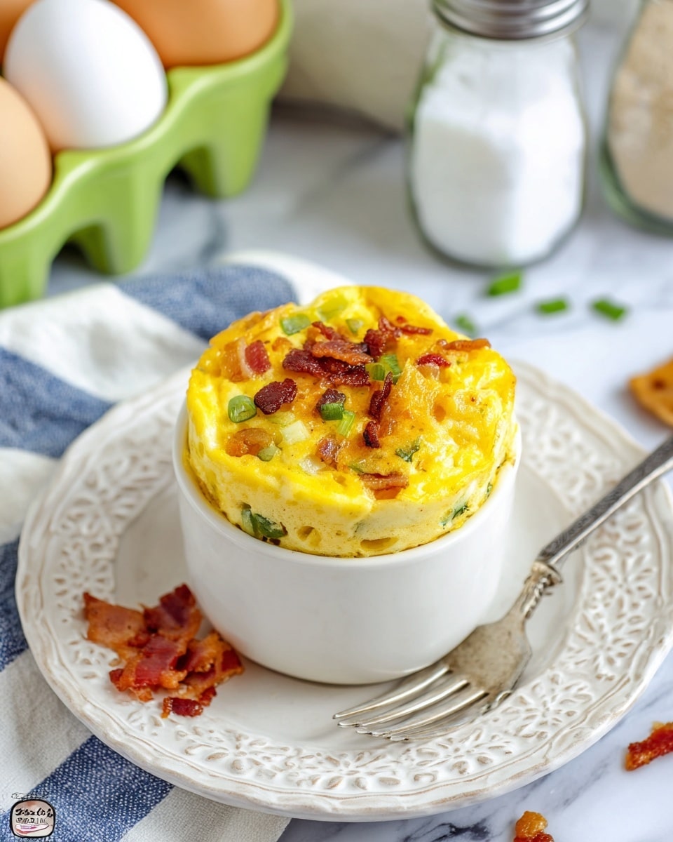 A white cup filled with a two-layered egg dish sits on a white, intricately patterned plate with a silver fork beside it. The bottom layer is bright yellow with visible chunks of green bell pepper, white onion, and small bits of browned bacon mixed in. The top layer is smooth and solid yellow, slightly puffed. Around the cup, there are kitchen items blurred in the background, including white eggs in a green holder, a salt container, and a striped white and blue cloth, all placed on a white marbled surface. A small piece of bacon is on the plate beside the cup. photo taken with an iphone --ar 4:5 --v 7