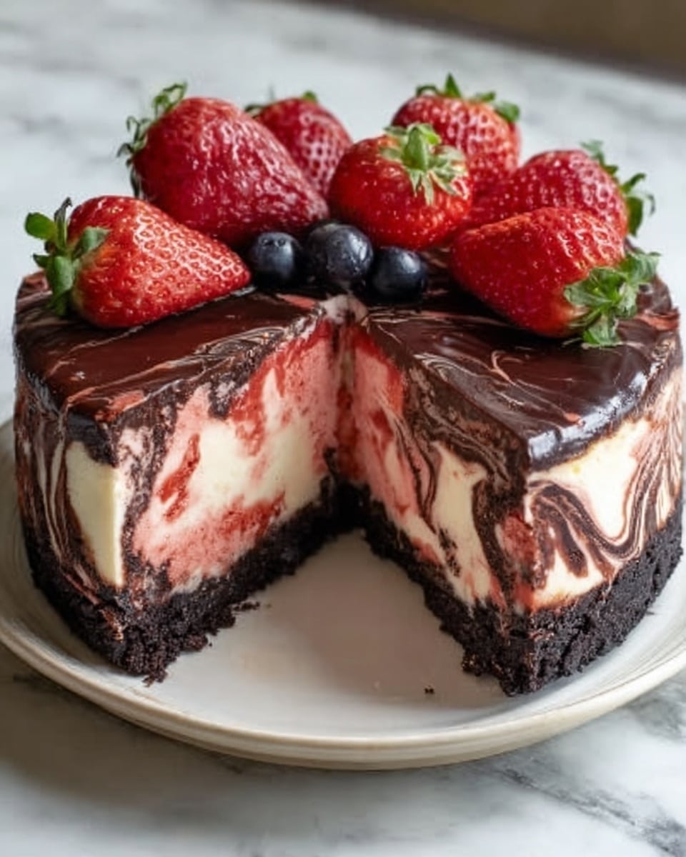 The image shows a round chocolate and strawberry cheesecake with one slice removed, revealing three visible layers inside. The bottom layer is a dark chocolate crust with a rough texture, the middle layer is a creamy, pale pink strawberry cheesecake with swirled darker chocolate patterns creating a marbled look, and the top layer is dark chocolate ganache with a smooth, shiny surface. On top of the cake, there are bright red strawberries, some whole and some cut in half, along with a few small blueberries scattered for decoration. The cake is placed on a simple white plate, set on a white marbled surface. Photo taken with an iphone --ar 4:5 --v 7
