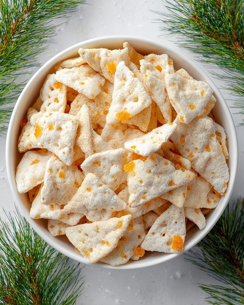 A close-up top view of a round white bowl filled with light beige, crispy, triangular-shaped snacks that have a bumpy texture and small holes. Scattered on the snacks are bright orange bits, adding pops of color. The bowl sits on a white marbled surface with two green pine branches partially visible at the edges, creating a fresh, natural contrast. Photo taken with an iphone --ar 4:5 --v 7