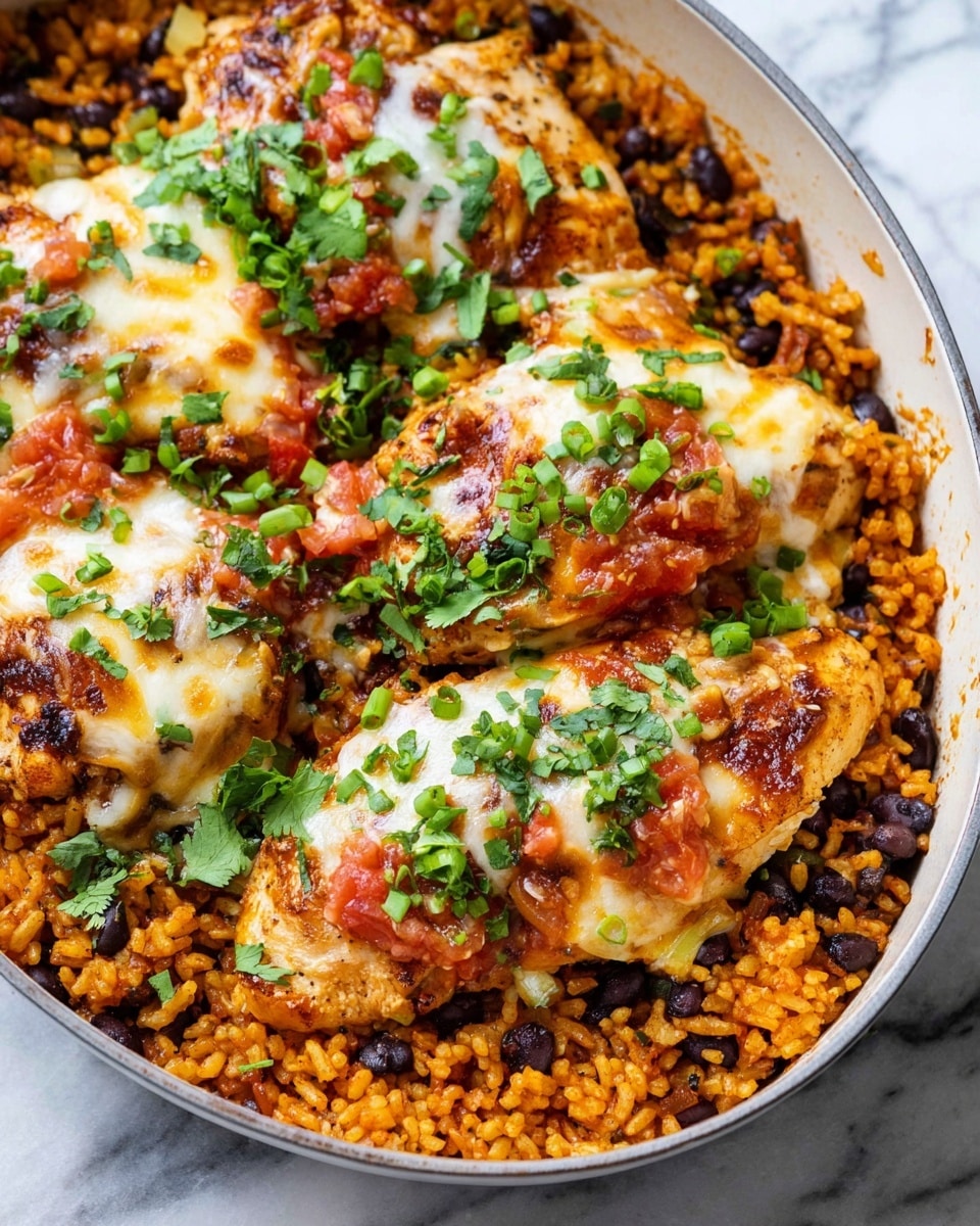A white pan holds a layered dish with about two main layers: the base is a bed of orange-colored rice mixed with black beans and small bits of vegetables, giving it a textured look. On top of the rice are several browned chicken breasts covered with melted cheese and tomato sauce patches, sprinkled with chopped green onions and fresh cilantro leaves for color. The chicken shows some grill marks and a shiny, slightly oily surface. The background is a white marbled texture. photo taken with an iphone --ar 4:5 --v 7