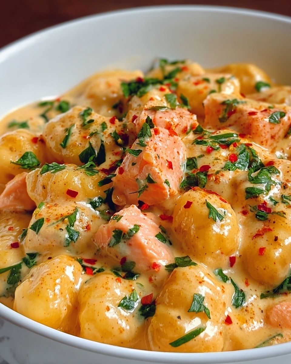 The dish shows a white bowl filled with soft, round gnocchi pieces covered in a thick, creamy orange sauce; mixed throughout are small chunks of light pink cooked salmon, and the whole dish is topped with bright green fresh parsley leaves and tiny red chili flakes scattered over the sauce. The gnocchi are smooth and plump, coated evenly in the shiny sauce, while the salmon pieces add a different, slightly rough texture. Photo taken with an iphone --ar 4:5 --v 7