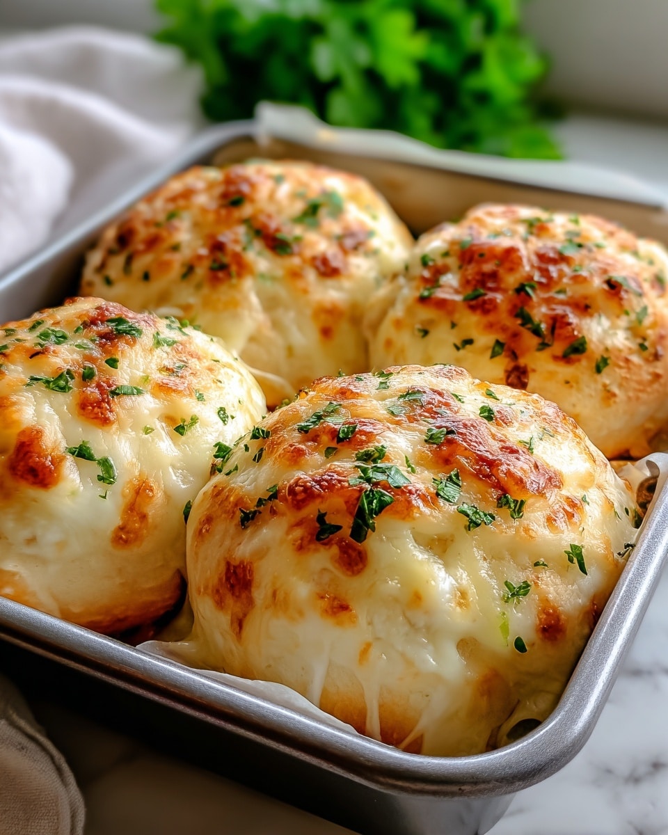 Four round baked rolls are covered with a thick layer of melted golden-brown cheese topped with small green herb flakes, all placed tightly in a silver baking tray. The cheese is creamy with bubbly browned spots, while the rolls underneath look soft and fluffy with a light golden crust. The tray sits on a white marbled surface with fresh green leaves softly blurred in the background. photo taken with an iphone --ar 4:5 --v 7