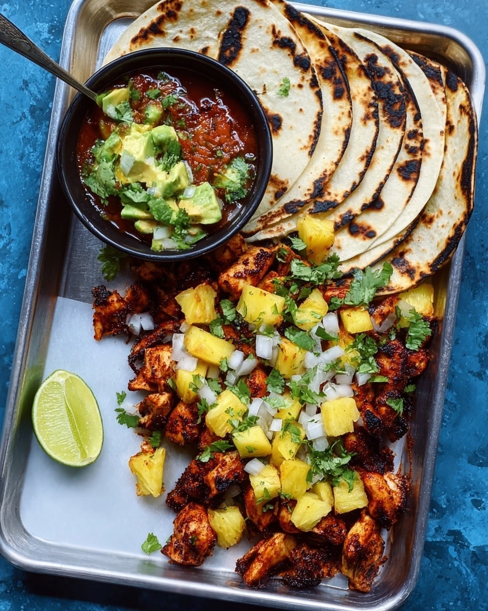 A metal tray holds several charred white tortillas stacked on the left side, with small pieces of grilled chicken scattered largely on the right side. The chicken is coated in a deep reddish-brown sauce and is topped with bright yellow pineapple chunks, finely chopped white onions, and fresh green cilantro leaves scattered over. A small black bowl near the top left corner contains a red sauce topped with green avocado chunks. A half lime is placed at the bottom left corner of the tray on a white marbled surface with a blue background visible beyond the tray. A spoon rests partially in the chicken on the right side. Photo taken with an iphone --ar 4:5 --v 7
