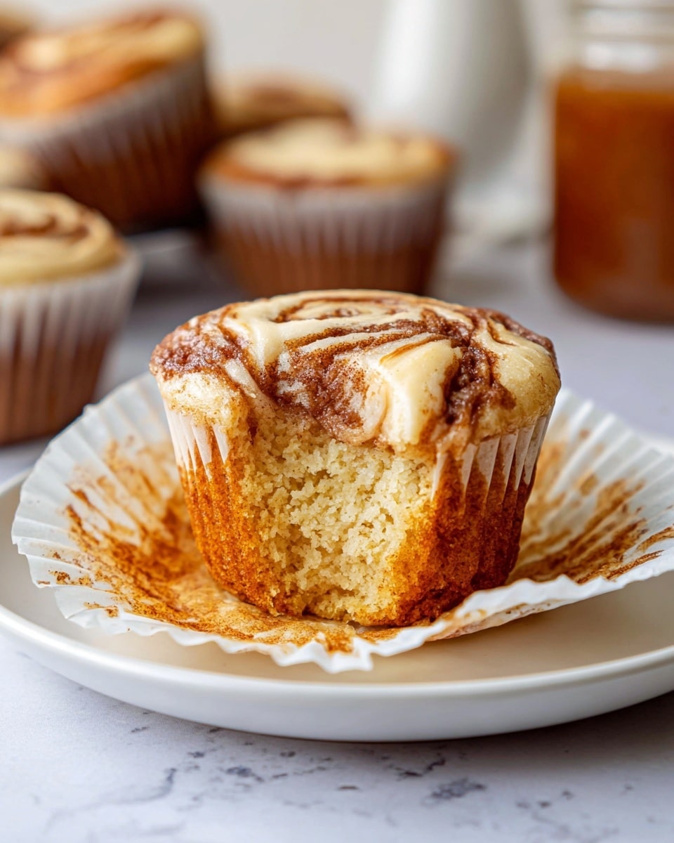 A single cinnamon roll muffin sits on a white plate with a white marbled texture background. The muffin has two main layers: the bottom layer is a golden brown with a slightly crumbly texture, and the top layer is a creamy, light beige swirl with darker cinnamon streaks. The muffin is partially wrapped in a white paper liner that is pulled away from the sides, showing the moist and soft texture inside. In the blurred background, other muffins and a glass jar with a brown liquid can be seen. photo taken with an iphone --ar 4:5 --v 7