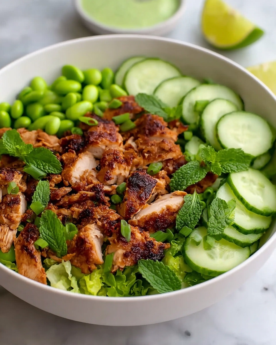 A white bowl filled with layers of fresh green lettuce at the bottom, followed by slices of light green cucumber arranged on the sides. On top, there are pieces of grilled chicken with a slightly charred brown color and crispy texture, mixed with small green edamame beans scattered around. The dish is garnished with chopped green onions and fresh mint leaves, adding vibrant green tones. In the background, partially blurred lime wedges add a hint of bright yellow-green color, all set on a white marbled surface. Photo taken with an iphone --ar 4:5 --v 7