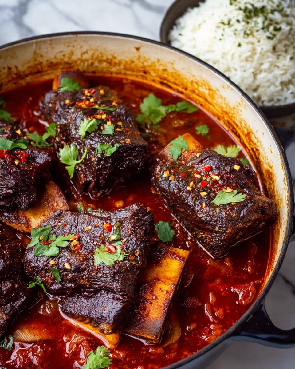 The image shows a white pot filled with four large, dark brown braised beef short ribs, each with a visible bone, resting in a rich red tomato sauce. The ribs have a charred, textured surface sprinkled with small green cilantro leaves and red chili flakes. The thick sauce beneath them has a glossy look with chunks of cooked tomatoes and onions. In the background, there is a white bowl containing white rice lightly sprinkled with herbs, all placed on a white marbled surface. photo taken with an iphone --ar 4:5 --v 7